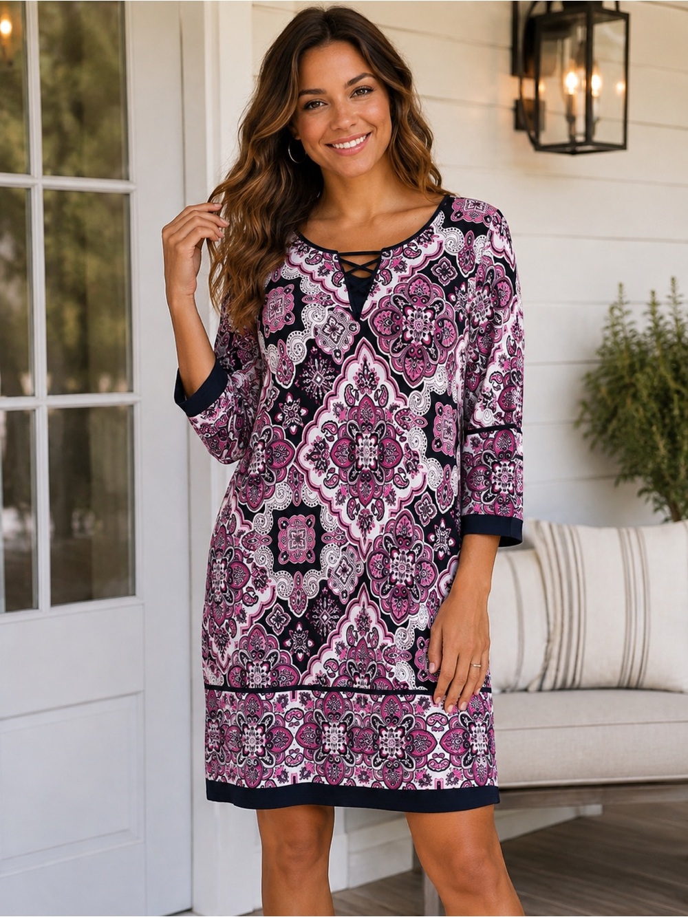 Sandra Darren Pink & Black Medallion Print Shift Dress Medium